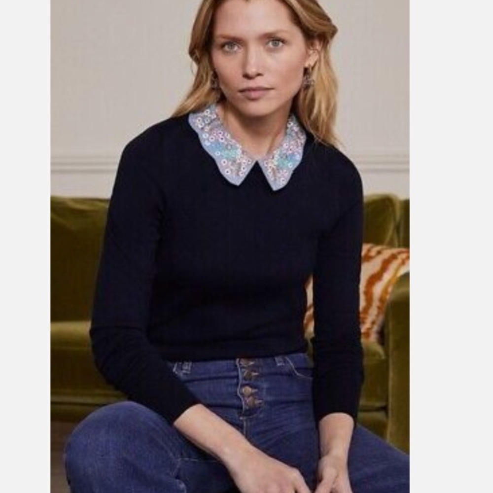 Boden Blue Colette Embroidered Floral Collar sweater, size S